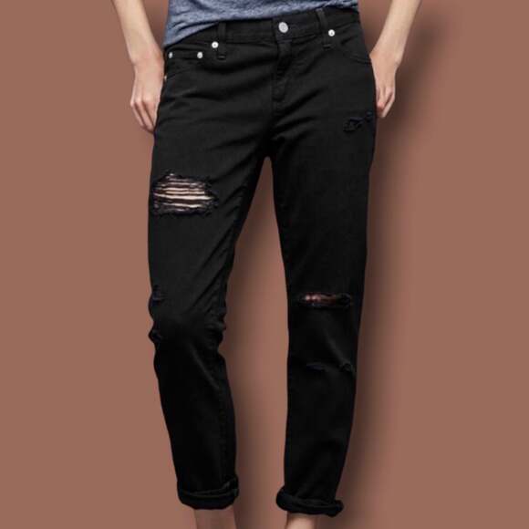 🌞 NWT Gap 1969 Black Ripped Girlfriend Denim Jeans 24r Distressed Rolled Cuff - Picture 12 of 12